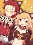  1girl alternate_costume animal_ears bad_id bad_pixiv_id bare_shoulders blonde_hair blush breasts brown_eyes cleavage closed_eyes collar commentary_request djeeta_(granblue_fantasy) embarrassed english fake_animal_ears gloves granblue_fantasy hairband halloween halloween_costume happy_halloween highres looking_at_viewer maru_(maruplum) medium_breasts percival_(granblue_fantasy) red_eyes red_hair short_hair smile 