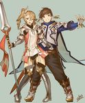  1girl alisha_diphda artist_name belt black_legwear blue_eyes boots brown_hair drill_hair fingerless_gloves gauntlets gloves green_background grin hair_between_eyes pants polearm side_drill smile sorey_(tales) tales_of_(series) tales_of_zestiria ubo_(ubo_tales) weapon 