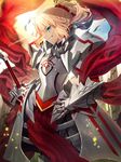  aora armor armored_dress bangs breastplate clarent day fate/apocrypha fate_(series) gauntlets green_eyes grin holding holding_sword holding_weapon horns mordred_(fate) mordred_(fate)_(all) pauldrons pelvic_curtain ponytail shoulder_armor sky smile solo sword teeth twitter_username weapon 
