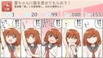  anchor_symbol armpits arms_up blush brown_hair commentary_request embarrassed fang hair_ornament hairclip highres ikazuchi_(kantai_collection) kantai_collection looking_at_viewer multiple_views neckerchief open_mouth partially_translated red_neckwear school_uniform serafuku short_hair speech_bubble translation_request wamu_(chartreuse) 