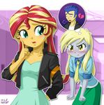  1boy 2girls angry blonde_hair cyan_eyes derpy_hooves flash_sentry grey_skin multicolored_hair multiple_girls my_little_pony my_little_pony_equestria_girls my_little_pony_friendship_is_magic personification red_hair sunset_shimmer tagme thought_bubble two-tone_hair uotapo yellow_eyes yellow_skin 