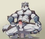  2017 abs absurd_res anthro balls canine censored clothed clothing erection hi_res horkeukamui humanoid_penis loincloth male mammal penis snowjune solo tokyo_afterschool_summoners topless wolf 