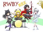  bass_guitar blake_belladonna drum drum_set drumsticks guitar highres iesupa instrument keytar multiple_girls pantyhose rock_band ruby_rose rwby tyrannosaurus_rex weiss_schnee yang_xiao_long 