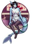  2017 alpha_channel anthro areola big_breasts black_hair blue_skin breasts clitoris clothing female fish hair legwear long_hair looking_at_viewer marine mostly_nude navel nipples pink_nipples porin pussy shark sitting solo stripes white_skin yellow_eyes 