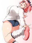  1girl ass blue_buruma blue_eyes blush bow breasts buruma commentary_request curvy hair_bow hibari_(senran_kagura) highres isuna jacket large_breasts looking_at_viewer one_eye_closed open_mouth pink_hair plump senran_kagura senran_kagura_shoujo-tachi_no_shin'ei short_hair short_twintails smile solo symbol-shaped_pupils track_jacket twintails 