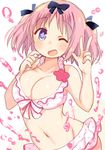  1girl bikini blue_eyes blush bow breasts cleavage commentary_request frilled_bikini frills hair_bow hibari_(senran_kagura) large_breasts looking_at_viewer midriff navel one_eye_closed open_mouth pink_hair senran_kagura senran_kagura_shoujo-tachi_no_shin'ei short_hair short_twintails smile solo swimsuit symbol-shaped_pupils tatsunokosso twintails w 