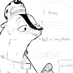  anthro badger clothed clothing dialogue disney fur hat male mammal monochrome mustelid name_tag pack_street replytoanons solo t_rex_(weaver) text zootopia 