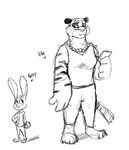  absurd_res age_difference anthro avery_(zootopia) buckteeth clothed clothing disney duo ellie_(zootopia) eyewear fan_character feline female glasses hi_res jewelry lagomorph looking_down looking_up male mammal monochrome necklace phone rabbit simple_background size_difference teeth text tiger unknown_artist white_background zootopia 
