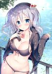  beret bikini blue_eyes blush breasts cleavage condom_wrapper eyebrows_visible_through_hair hat jacket kantai_collection kashima_(kantai_collection) large_breasts long_hair long_sleeves navel silver_hair solo sousouman sweat swimsuit swimsuit_under_clothes twintails water wavy_hair 