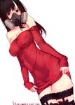  2017 arms_at_sides bangs bare_shoulders black_bow black_hair black_legwear bow breasts cleavage covered_mouth covered_navel covered_nipples cowboy_shot dated detached_sleeves dress dutch_angle eyelashes fingernails garter_straps gas_mask highres hotumoyi large_breasts legs_together long_hair long_sleeves looking_at_viewer original red_dress red_eyes simple_background skin_tight skindentation sleeves_past_wrists solo strapless strapless_dress swept_bangs thighhighs tube_dress white_background 