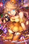  alisha_diphda bare_shoulders blue_eyes candy candy_cane character_doll chibi dress fangs food garter_straps grin hair_between_eyes halloween highres jack-o'-lantern lips lollipop looking_at_viewer mismatched_legwear polearm smile solo sorey_(tales) tales_of_(series) tales_of_zestiria thighhighs ubo_(ubo_tales) weapon wrist_cuffs 