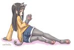  animal_ears artist_name cat_ears cat_girl cat_paws cat_tail commentary_request long_hair long_sleeves original pantyhose paws short_shorts shorts solo tail umiroku 