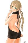  alisha_diphda alternate_hairstyle artist_name ass bare_back blush butt_crack drill_hair green_eyes hair_ornament highres long_hair looking_at_viewer looking_back meme_attire simple_background solo tales_of_(series) tales_of_zestiria twin_drills ubo_(ubo_tales) virgin_killer_sweater white_background 