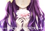  backlighting flower hair_ornament head_out_of_frame holding holding_flower long_hair mo_qingxian pale_skin pink_flower pink_rose purple_hair rose scarlet_moon solo upper_body vocaloid vocanese 