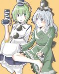  blush cosplay costume_switch dress enpitsu_(enpitsu_4b) ghost_tail green_dress green_eyes green_hair grey_eyes grey_hair hat highres japanese_clothes looking_at_another mononobe_no_futo mononobe_no_futo_(cosplay) multiple_girls open_mouth pom_pom_(clothes) ponytail short_hair silver_hair skirt soga_no_tojiko soga_no_tojiko_(cosplay) tate_eboshi touhou wide_sleeves 