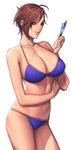  bare_shoulders bikini breasts brown_hair cleavage glasses green_eyes highres holding large_breasts oda_non original simple_background smile solo swimsuit white_background 