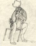  2016 antlers breasts chair clitoris female horn jackalope lagomorph mammal nude pmoss pussy rabbit sketch solo spread_legs spreading 