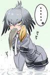  1girl black_gloves bodystocking commentary eating eyebrows_visible_through_hair fish gloves gradient_hair grey_hair grey_shirt head_wings kemono_friends low_ponytail mouth_hold multicolored_hair necktie orange_hair pantyhose shirt shoebill_(kemono_friends) short_sleeves side_ponytail solo wading water wet wet_clothes yellow_eyes youkan 