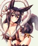  animal_ears bangs bell black_gloves black_hair black_panties breasts cleavage erune fox_ears fox_shadow_puppet fox_tail fur_trim gloves granblue_fantasy hair_bell hair_ornament hanging_breasts highres jingle_bell large_breasts long_hair looking_at_viewer panties red_eyes sidelocks simple_background smile solo sukemyon tail underwear yuel_(granblue_fantasy) 