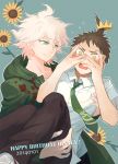  2boys ahoge alternate_hair_ornament black_legwear blush brown_hair collarbone commentary_request crown danganronpa embarrassed flower green_eyes green_hoodie green_jacket grin hair_ornament happy_birthday hinata_hajime holding holding_another holding_person hood hoodie jacket kame4282 komaeda_nagito long_eyebrows looking_at_another male_focus multiple_boys necktie number open_mouth school_uniform shirt short_hair smile striped striped_background sunflower super_danganronpa_2 teeth white_footwear white_hair white_shirt yellow_eyes 
