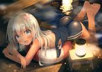  ass barefoot bath blush breasts feet_up flower hair_flower hair_ornament higejii highres kantai_collection lantern lifebuoy long_hair looking_at_viewer lying night on_stomach one-piece_swimsuit open_mouth outdoors partially_submerged ro-500_(kantai_collection) school_swimsuit silver_eyes silver_hair small_breasts smile solo swimsuit swimsuit_pull 