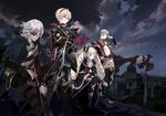  3boys armor black_dress black_footwear black_gloves black_legwear blonde_hair book boots bow bow_(weapon) bowtie brown_footwear capelet cierra_(ra-bit) cloud cloudy_sky dress dusk elise_(fire_emblem_if) eyepatch fire_emblem fire_emblem_if gloves hairband leon_(fire_emblem_if) long_hair multiple_boys odin_(fire_emblem_if) outdoors pants pink_bow pink_eyes pink_neckwear red_eyes silver_hair sitting sky staff thigh_boots thighhighs twintails weapon zero_(fire_emblem_if) 