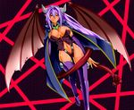  1girl alma_elma breasts cape demon_girl demon_wings female horns large_breasts long_hair looking_at_viewer mon-musu_quest! pointy_ears purple_hair red_eyes shiny_skin smile succubus tail tattoo tattooed_breast thong very_long_hair wings 