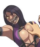  1girl armpits baka_guruo biceps black_hair breast_grab breasts cleavage commentary_request cross-laced_clothes elbow_gloves fingerless_gloves gloves grabbing groping hetero highres large_breasts leotard long_hair mileena mortal_kombat one_eye_closed open_mouth purple_gloves purple_leotard saliva sharp_teeth slit_pupils solo_focus tears teeth toned transparent_background upper_body wince yellow_eyes 