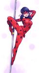  arm_support black_hair blue_eyes bodysuit breasts cameltoe dave_cheung domino_mask flexible full_body hair_ribbon hand_behind_head highres knee_up ladybug_(character) leg_up long_hair looking_to_the_side magical_girl marinette_dupain-cheng mask miraculous_ladybug no_shoes open_mouth paw_print pole_dancing polka_dot pouch red_ribbon ribbon small_breasts smile solo split stripper_pole twintails white_background 