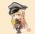  :t alcohol alternate_eye_color ankle_boots artist_name bare_shoulders beer beer_mug bismarck_(kantai_collection) black_gloves blonde_hair blush boots breasts brown_eyes chibi commentary_request cup eating elbow_gloves food full_body gloves grey_footwear grey_hat grey_legwear hat highres holding holding_cup holding_food kantai_collection long_hair looking_at_viewer medium_breasts military military_uniform nose_blush outline peaked_cap pocket pretzel sleeveless solo star starry_background straight_hair taisa_(kari) thighhighs uniform very_long_hair 