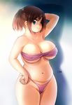  1girl arm_up belly blue_eyes breasts brown_hair cameltoe cleavage cloudxmoe erect_nipples large_breasts looking_at_viewer micro_bikini navel original plump ponytail smile solo swimsuit thick_thighs wide_hips 