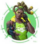  2016 armband brown_hair c_home dark_skin dark_skinned_male dated facial_hair fingerless_gloves gloves goatee hair_ornament hairlocs head_tilt headphones highres lips listening_to_music long_hair looking_at_viewer lucio_(overwatch) male_focus nose outstretched_hand overwatch realistic shoulder_pads sleeveless solo tattoo toned toned_male visor 