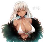  bad_id bad_pixiv_id banned_artist bikini blush breasts closed_mouth dark_skin dated fur_trim highres large_breasts looking_at_viewer o-ring o-ring_top original short_hair simple_background sketch smile solo swimsuit tsukiriran twitter_username white_background white_bikini white_bikini_top white_hair 