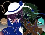  blue_ribbon blue_shirt eyeball frown green_eyes green_hair hair_ribbon hairband hat hat_ribbon heart holding_hands interlocked_fingers inverted_colors komeiji_koishi komeiji_satori long_sleeves looking_at_viewer multiple_girls myama negative one_eye_closed pink_eyes pink_hair ribbon shirt siblings sisters smile third_eye touhou upper_body white_hat yellow_shirt 