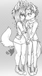  &lt;3 anthro canine clothed clothing duo feline female hand_holding honesty_(artist) licking male male/female mammal monochrome smile standing tongue tongue_out 