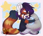  anthro chibi clothed clothing female fur hair honesty_(artist) looking_at_viewer mammal red_panda sitting smile solo 