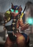  5_fingers anthro blue_eyes ear_piercing equine fan_character female greenfireartist gun holding_object holding_weapon horn mammal my_little_pony piercing raining ranged_weapon smile solo standing unicorn weapon wide_hips 