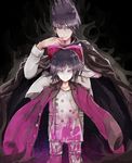  black_background black_hair blood bloody_clothes cape checkered checkered_scarf cloak commentary_request danganronpa facial_hair goatee height_difference jacket jacket_on_shoulders looking_at_viewer male_focus momota_kaito multiple_boys new_danganronpa_v3 ouma_kokichi pink_blood purple_eyes purple_hair scarf school_uniform simple_background smile space_print spiked_hair spoilers starry_sky_print straitjacket zondo_8gou 