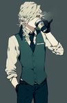  brand_name_imitation coffee edmond_dantes_(fate/grand_order) fate/grand_order fate_(series) glasses gloves grey_background hand_in_pocket highres jacket male_focus simple_background solo starbucks syubare wavy_hair white_hair yellow_eyes 
