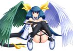  1girl arc_system_works ass asymmetrical_wings bare_shoulders blue_hair blush boots bow breasts detached_sleeves dizzy guilty_gear guilty_gear_xrd guilty_gear_xrd:_revelator hair_ribbon long_hair looking_at_viewer panties red_eyes shiny shiny_clothes shiny_hair shiny_skin simple_background sitting smile solo tail tail_ribbon thighhighs twintails very_long_hair white_background wings wiz_(shadow) 