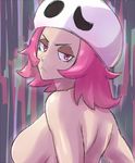  :&lt; back blush breasts closed_mouth forehead from_behind half-closed_eyes hat large_breasts looking_at_viewer looking_back nakaba no_nipples pink_eyes pink_hair pokemon pokemon_(game) pokemon_sm short_hair skull skull_hat solo team_skull team_skull_grunt upper_body v-shaped_eyebrows white_hat 