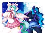  2017 anthro areola armpits artist-apprentice587 big_breasts blue_eyes breasts clothing cute_fangs cutie_mark duo equine feathered_wings feathers female friendship_is_magic hair horn looking_at_viewer mammal multicolored_hair my_little_pony open_mouth princess_celestia_(mlp) princess_luna_(mlp) virgin_killer_sweater wings 