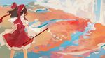  autumn_leaves bow cloud detached_sleeves from_behind gohei hair_bow hair_ribbon hair_tubes hakurei_reimu japanese_clothes kotaro-nosuke mountain nontraditional_miko red_bow red_ribbon ribbon ribbon-trimmed_sleeves ribbon_trim river sketch skirt skirt_set solo touhou water waterfall wide_sleeves 
