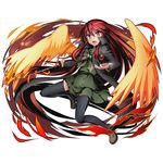  alastor_(shakugan_no_shana) alpha_transparency black_legwear bow bowtie cape divine_gate eyebrows_visible_through_hair fire floating_hair full_body green_bow green_shirt green_skirt hair_between_eyes highres holding holding_sword holding_weapon leg_up long_hair official_art open_mouth orange_wings pleated_skirt red_eyes red_hair school_uniform shakugan_no_shana shana shirt skirt solo sword thighhighs transparent_background ucmm very_long_hair weapon zettai_ryouiki 