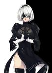  black_dress black_gloves black_legwear blindfold dress facing_viewer gloves hairband juliet_sleeves junka-sakura long_sleeves mole mole_under_mouth nier_(series) nier_automata puffy_sleeves short_dress short_hair side_slit solo thighhighs thighs white_hair yorha_no._2_type_b 