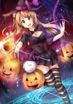  absurdres black_dress black_hat bow breasts brown_eyes brown_hair cape cleavage dress eyebrows_visible_through_hair floating_hair halloween halloween_costume hat highres holding kuria_(clear_trip_second) leg_up long_hair looking_at_viewer love_live! love_live!_school_idol_project magic_circle medium_breasts minami_kotori open_mouth pumpkin purple_bow shiny shiny_skin sleeveless sleeveless_dress solo staff striped striped_legwear thighhighs zettai_ryouiki 