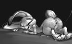  absurd_res after_sex anthro anus ass_up black_background buckteeth butt carrot_(artist) cum cum_in_ass cum_in_pussy cum_inside cum_on_butt cum_on_feet cum_on_pussy cum_string disney flat_chested half-closed_eyes hi_res judy_hopps lagomorph lying mammal monochrome nude on_front one_eye_closed presenting presenting_hindquarters pussy rabbit simple_background smile solo teeth tongue tongue_out zootopia 