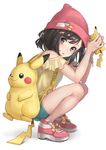  bag beanie black_eyes black_hair blush from_side full_body gen_1_pokemon green_shorts hat kumatani lips looking_to_the_side mizuki_(pokemon) nail_polish phone pikachu pink_lips pink_nails poke_ball pokemon pokemon_(creature) pokemon_(game) pokemon_sm red_footwear red_hat ribbon scrunchie shirt shoes short_hair shorts simple_background sitting solo tied_shirt white_background wrist_scrunchie yellow_ribbon yellow_shirt 