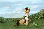  blue_eyes clothed clothing cutie_mark day detailed_background discordthege equine fan_character feral grass hooves male mammal my_little_pony outside ship sitting sky smile solo vehicle 
