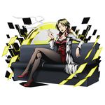  alpha_transparency black_legwear blonde_hair breasts cigarette cleavage divine_gate full_body high_heels highres holding jewelry karanomori_shion labcoat lipstick long_hair looking_at_viewer makeup medium_breasts necklace official_art panties pantyhose psycho-pass red_footwear red_lipstick red_shirt red_skirt shadow shirt shoes sitting skirt smoke smoking solo transparent_background ucmm underwear 